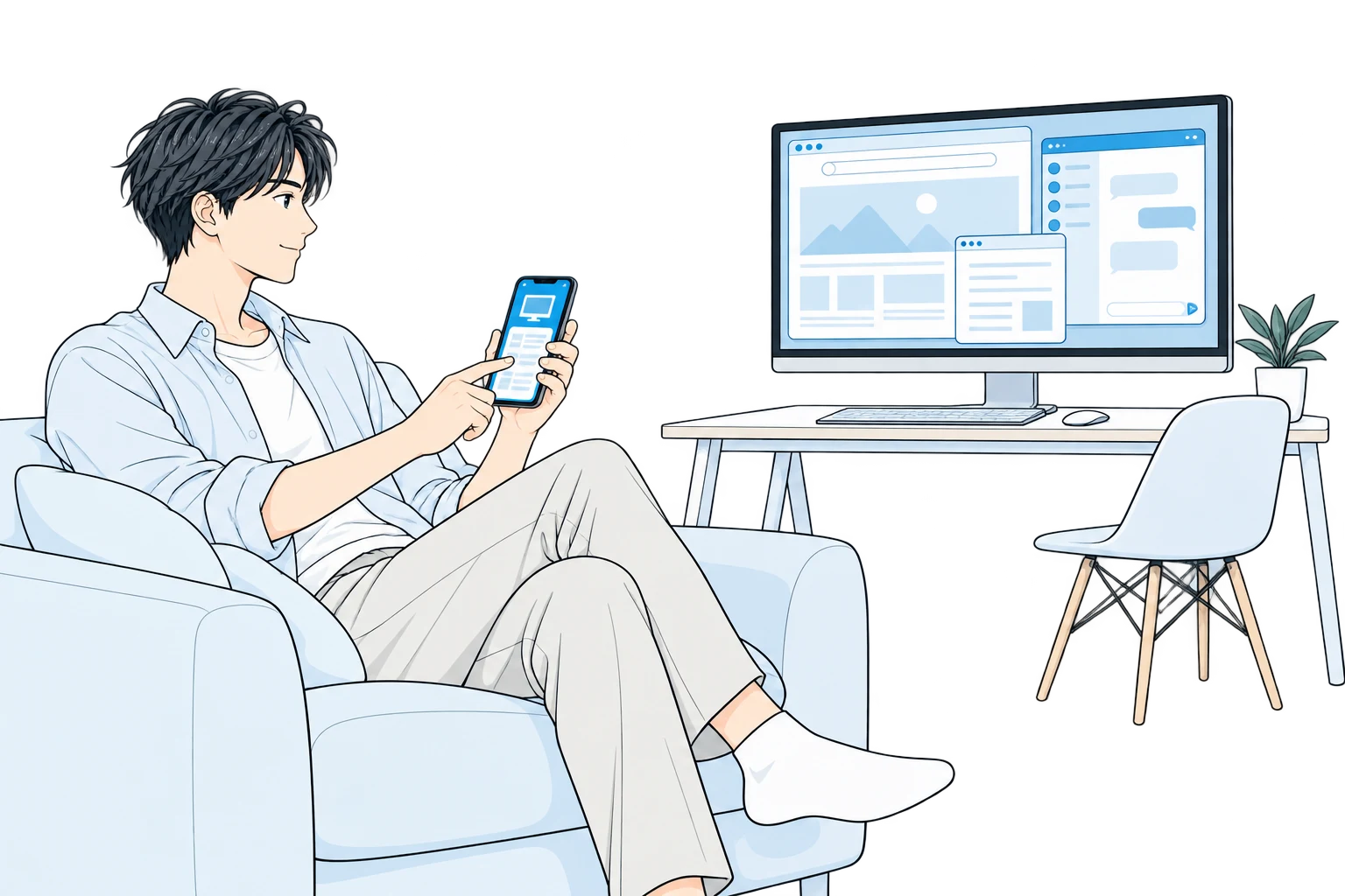 A man on a sofa uses his phone to control apps on a distant computer.