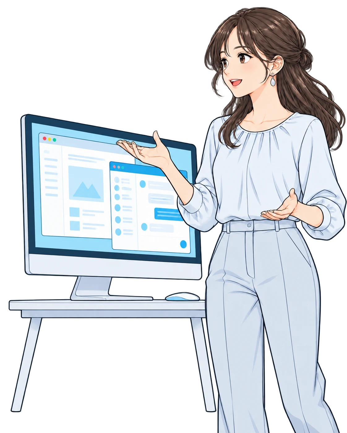 A woman walks and gestures while controlling a distant computer by voice.